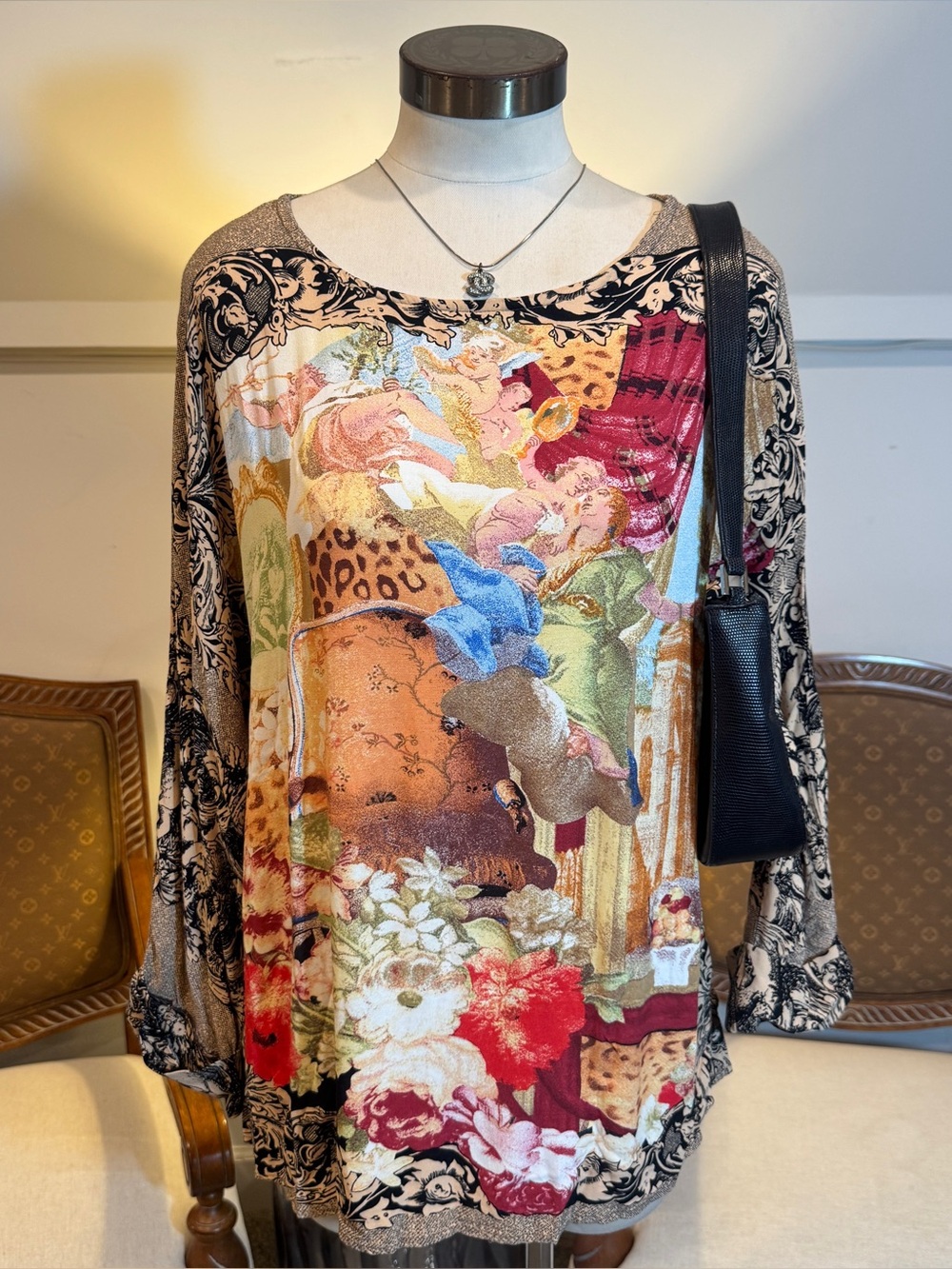 Vintage 80s/90s Multicolor Floral Cherub Print Long Sleeve Top Whimsigoth Fairy